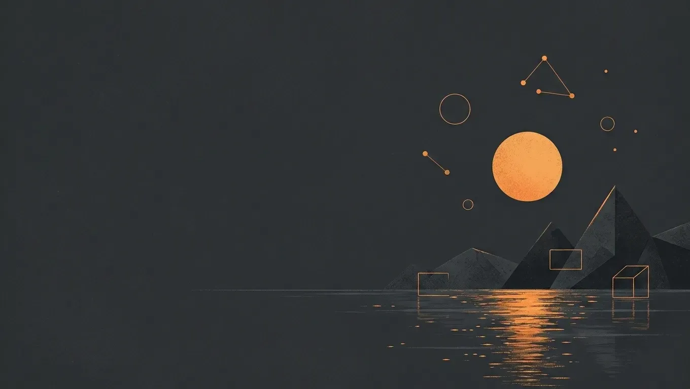 AI-generated abstract composition of a quiet horizon landscape, in orange on a dark charcoal background