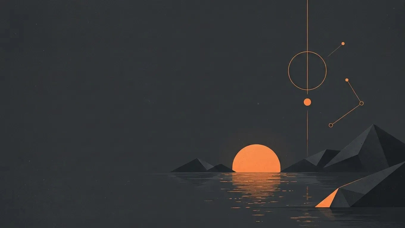 AI-generated abstract composition of a quiet horizon landscape, in orange on a dark charcoal background