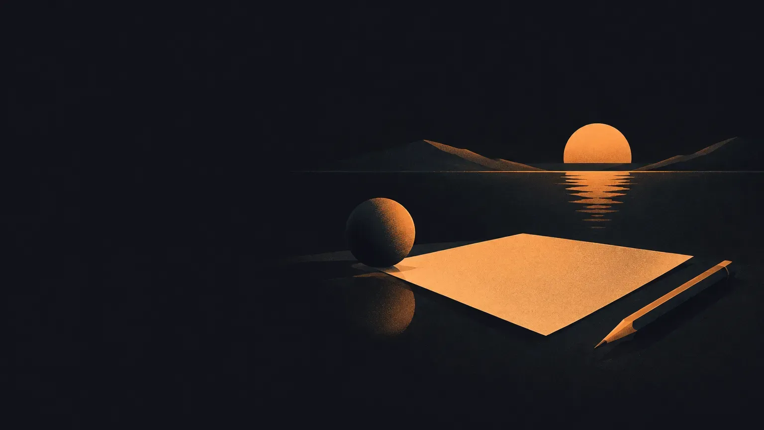AI-generated abstract composition of a quiet horizon landscape, in orange on a dark charcoal background