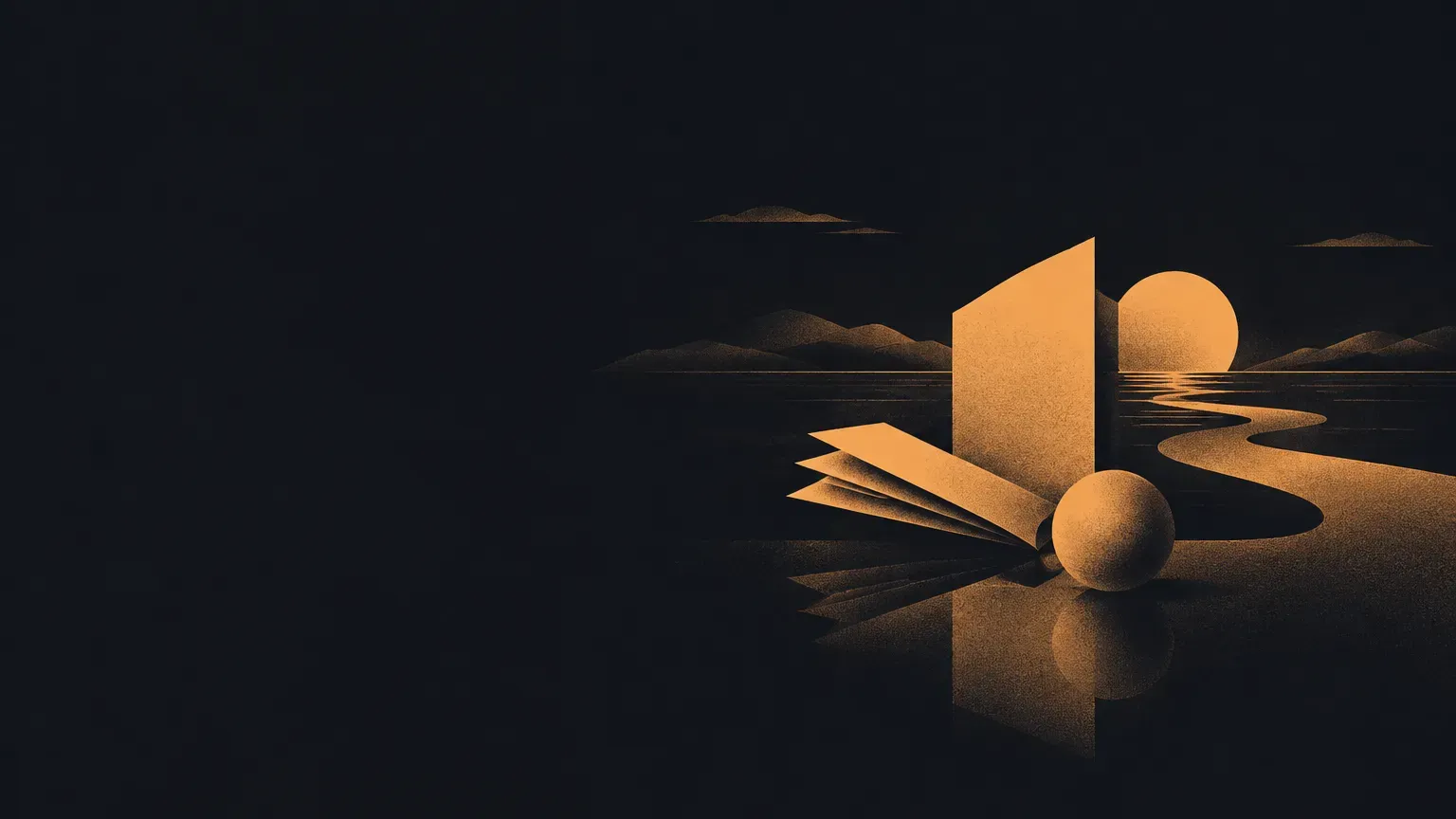 AI-generated abstract composition of a quiet horizon landscape, in orange on a dark charcoal background