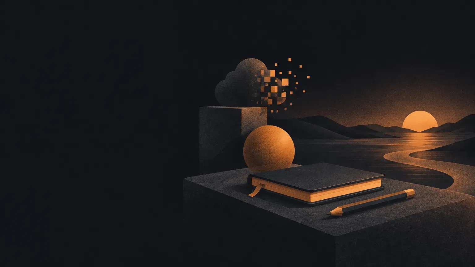 AI-generated abstract composition of a quiet horizon landscape, in orange on a dark charcoal background