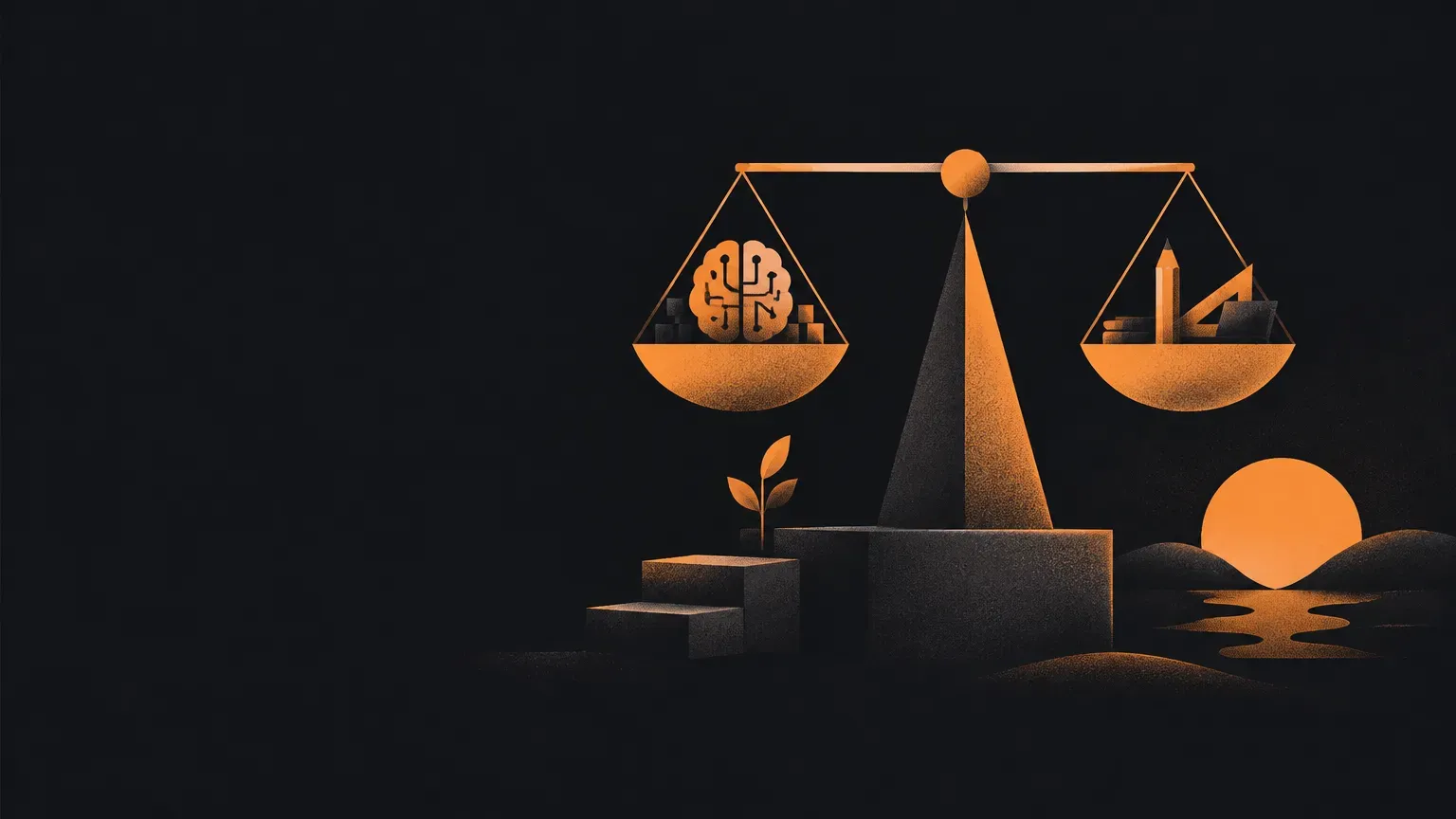 AI-generated abstract composition of a balance scale, in orange on a dark charcoal background