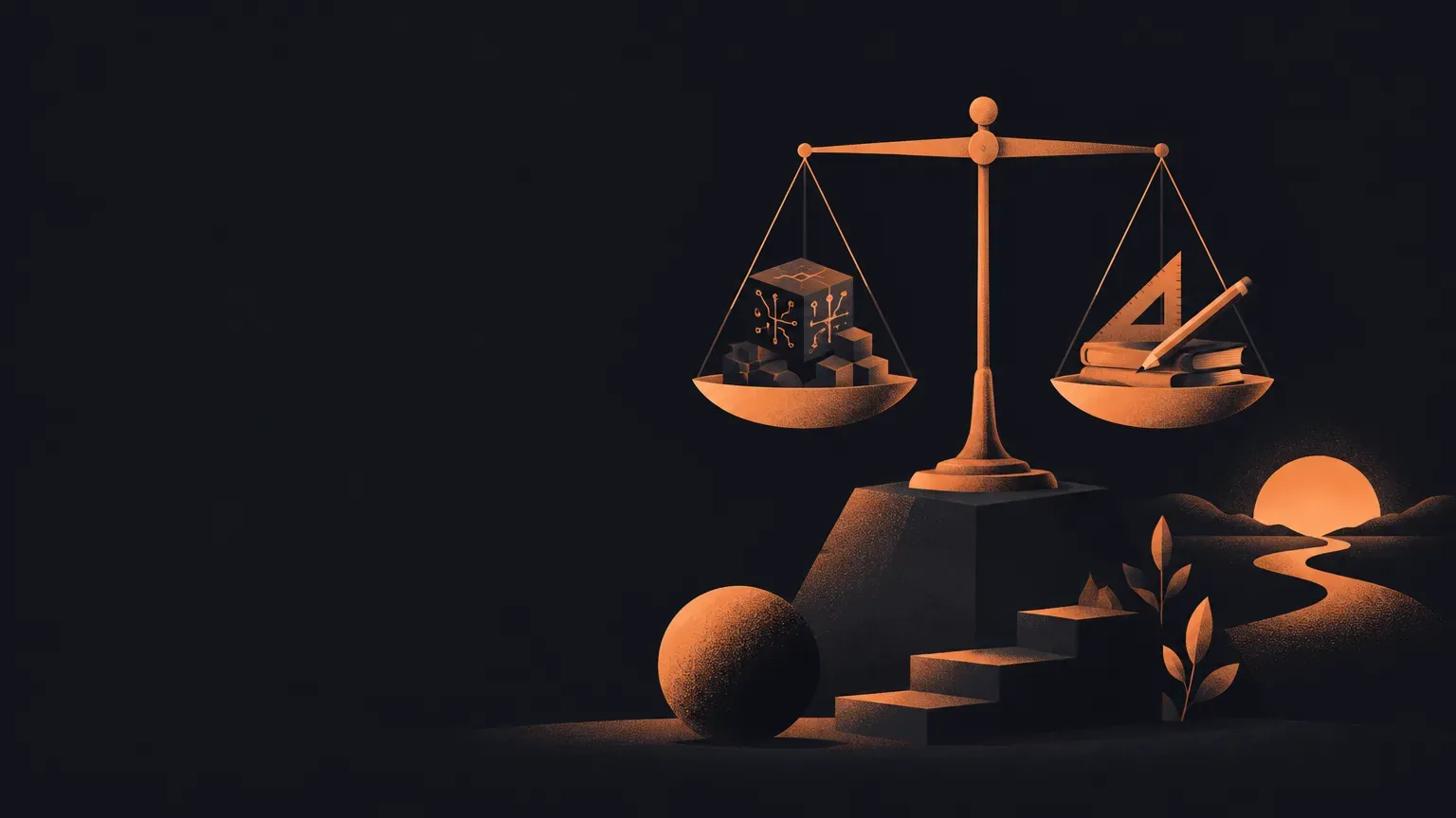 AI-generated abstract composition of a balance scale, in orange on a dark charcoal background