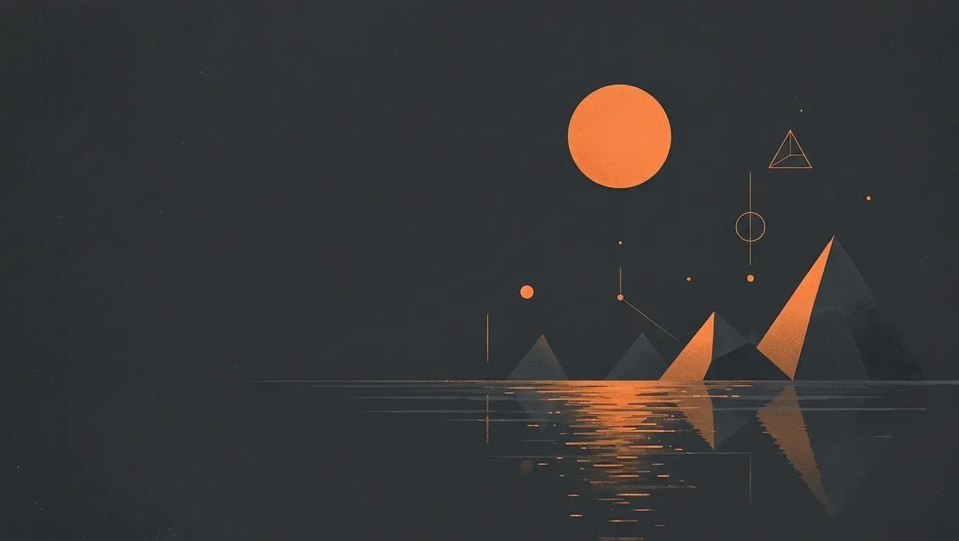 AI-generated abstract composition of a quiet horizon landscape, in orange on a dark charcoal background