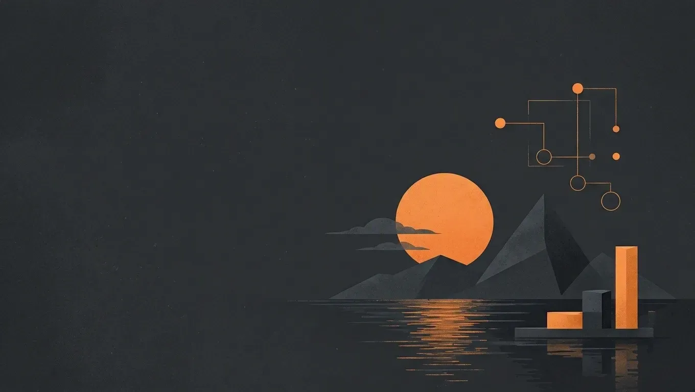 AI-generated abstract composition of a quiet horizon landscape, in orange on a dark charcoal background