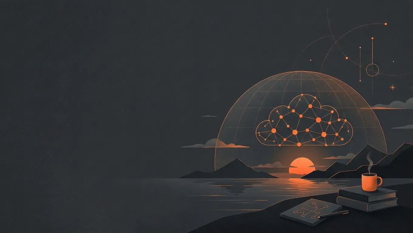 AI-generated abstract composition of a quiet horizon landscape, in orange on a dark charcoal background