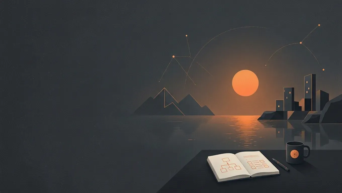 AI-generated abstract composition of a quiet horizon landscape, in orange on a dark charcoal background